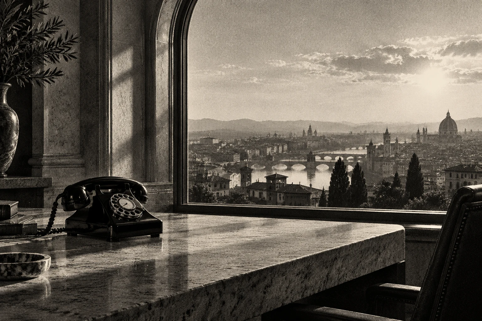 A black rotary telephone beside an arched window overlooking a quiet city.